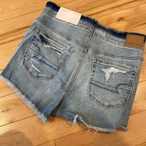 American Eagle super stretch hi rise shortie distressed waist denim shorts